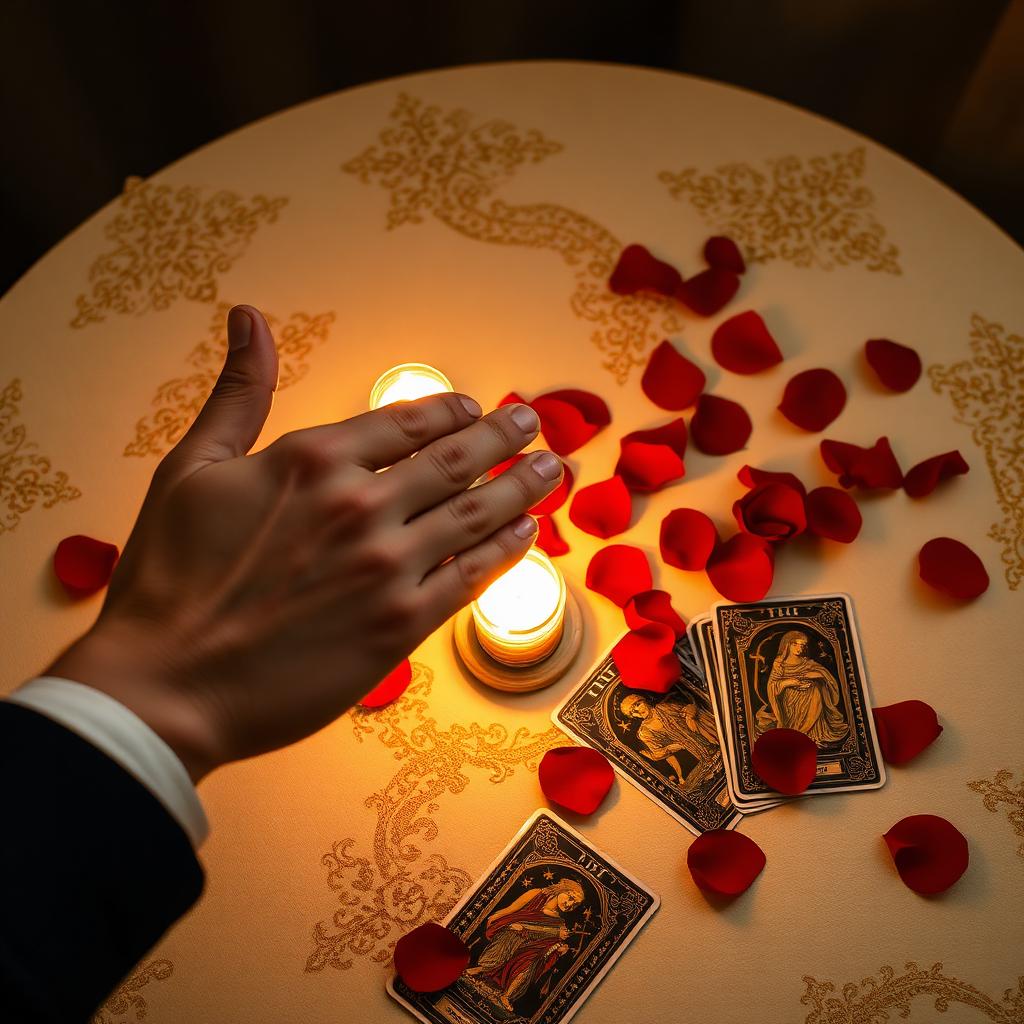 Mãos, velas e cartas de tarô em consulta sobre amor e alma gêmea