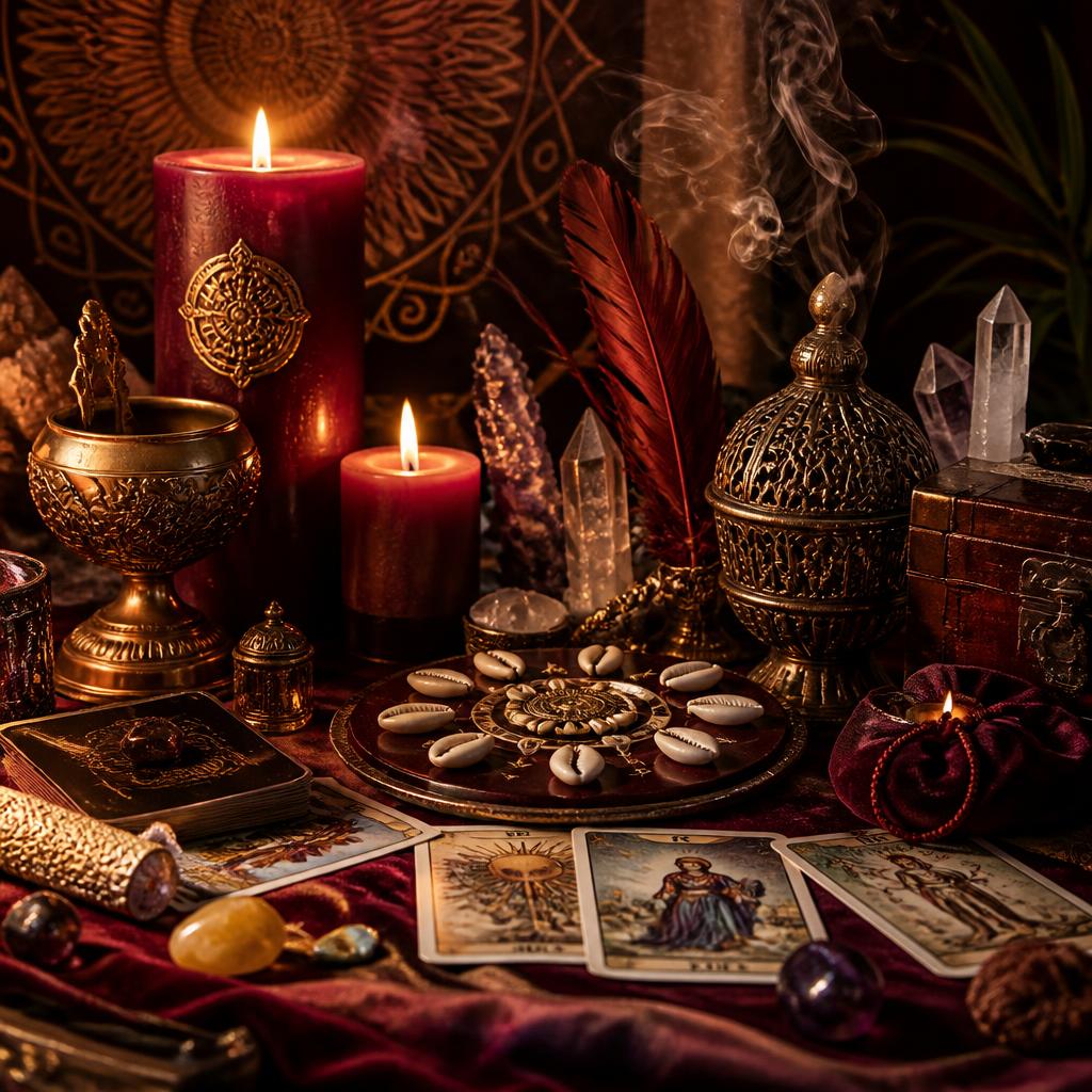 Altar espiritual com velas, búzios, tarô e cristais